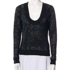 L’Agence Sheer Wool Knit Animal Print Scoop Neck Sweater Sweatshirt Size M Black